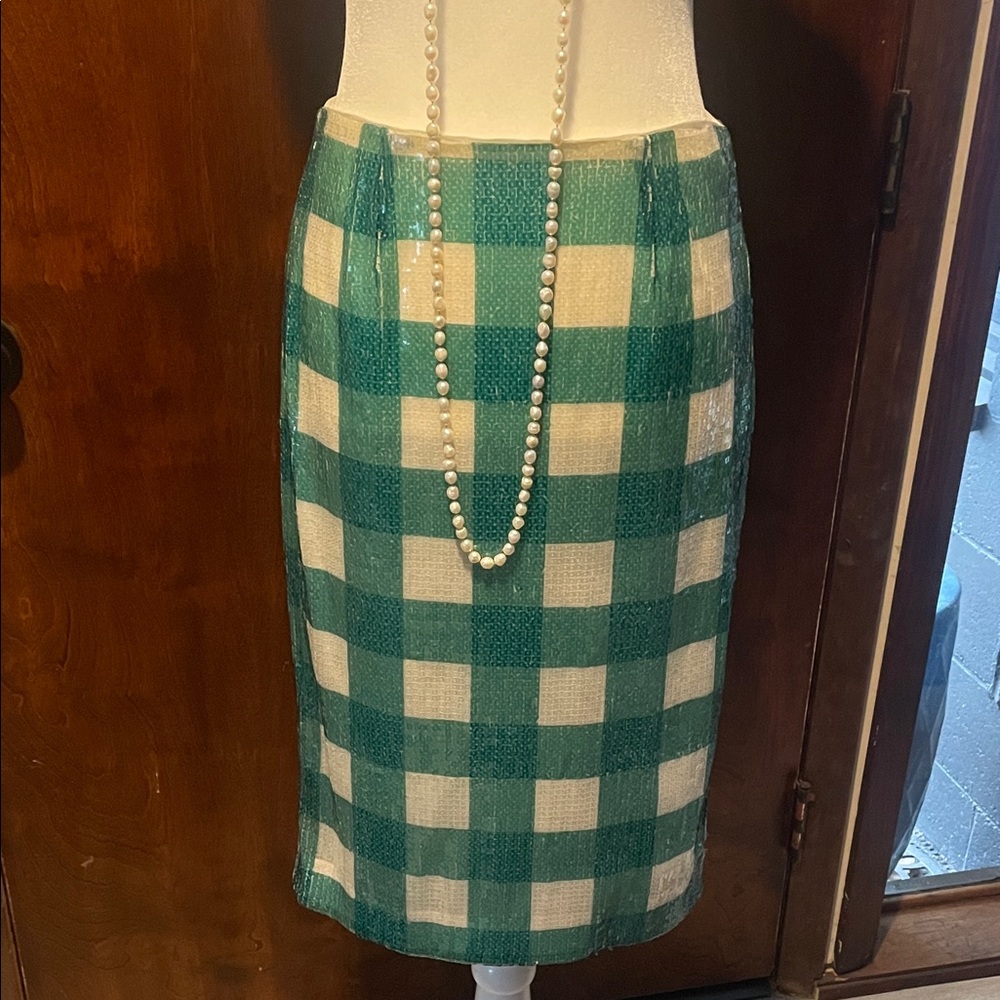 Brooks Brothers Green and Cream Check Pencil Skirt